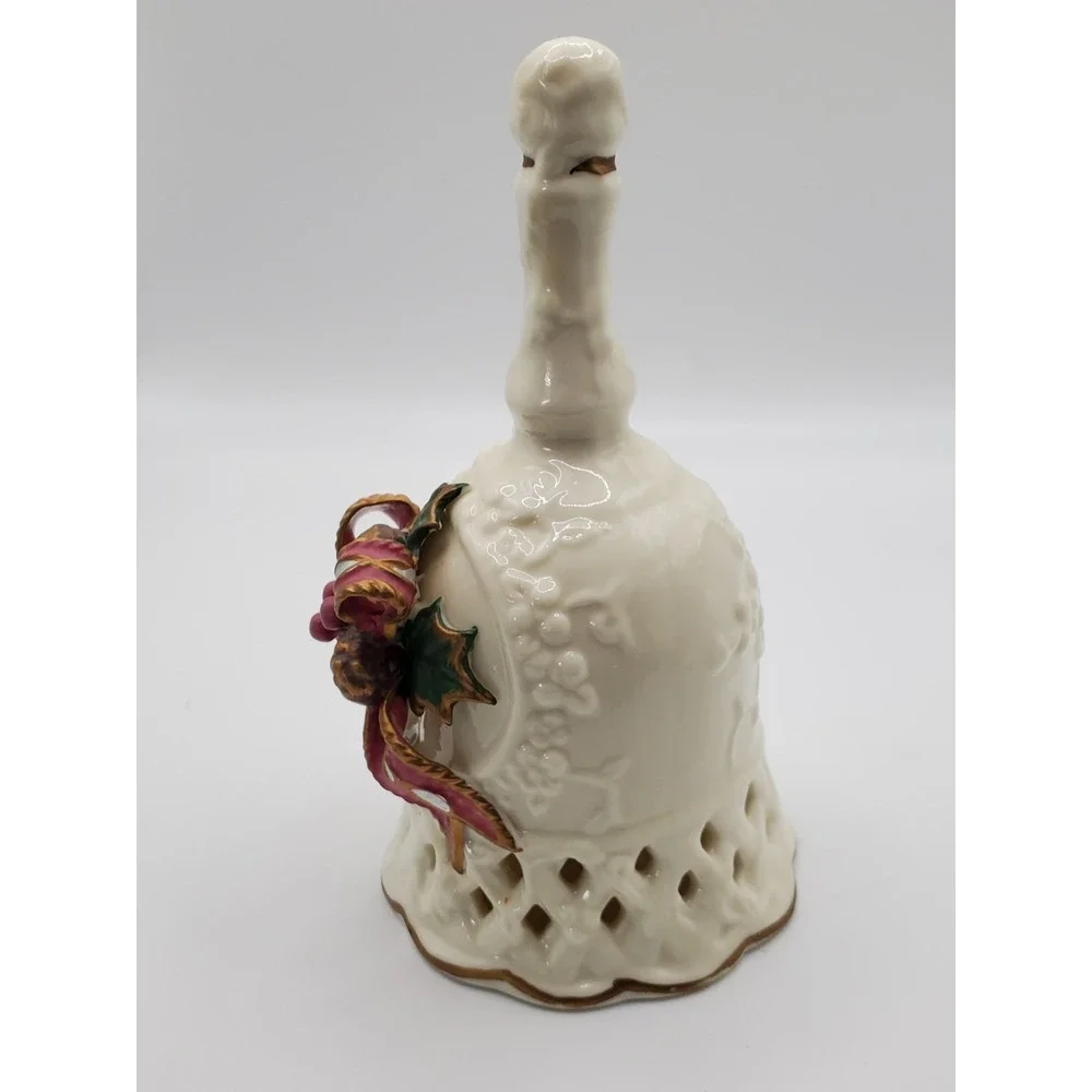 Vintage Beautiful White Ceramic Christmas Bell With Acorns and Holly